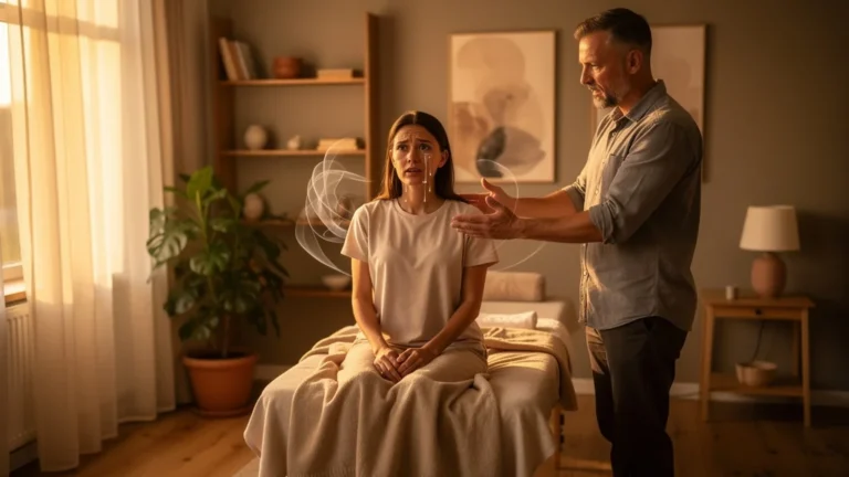 Femme émue pendant sa première séance d'ostéopathie énergétique entre larmes et étonnement