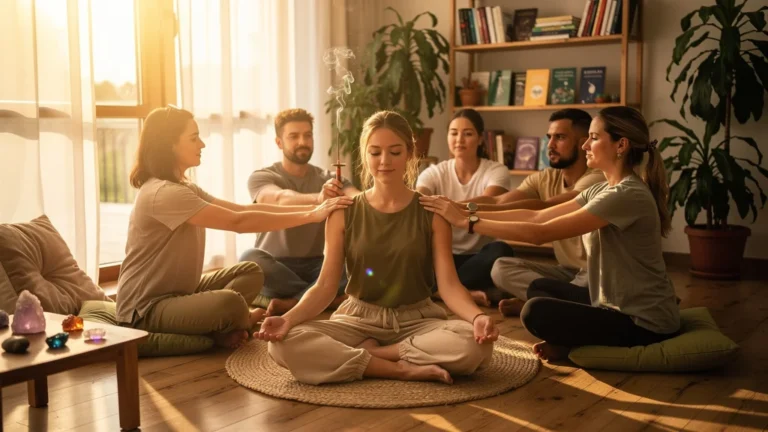 Jeune femme en stage d'été en thérapies énergétiques dans un atelier lumineux et naturel
