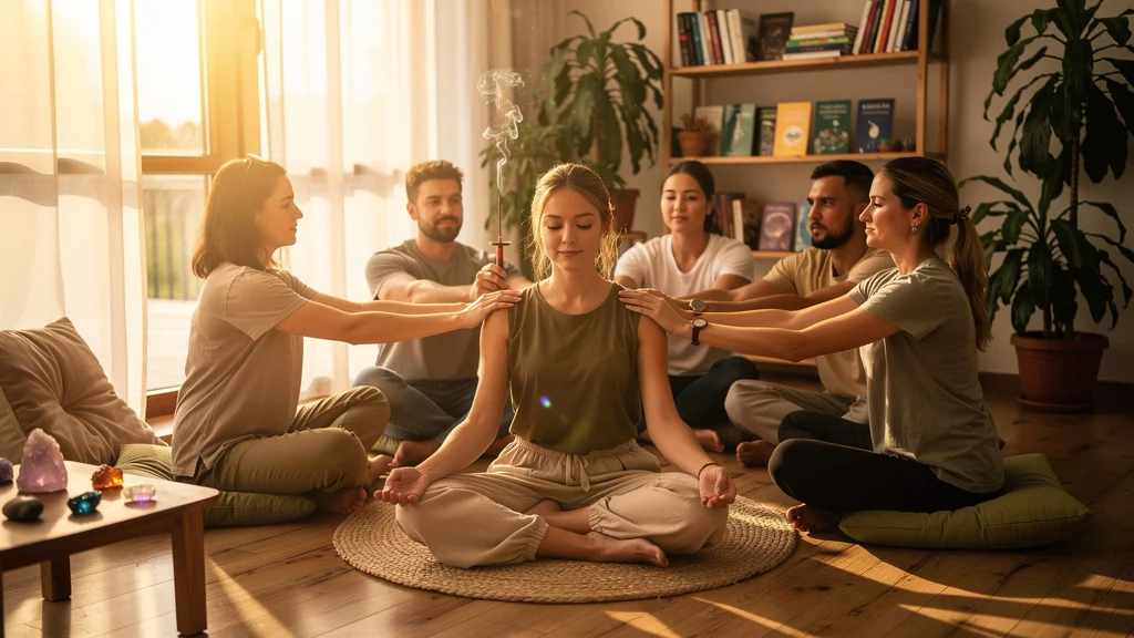 Jeune femme en stage d'été en thérapies énergétiques dans un atelier lumineux et naturel
