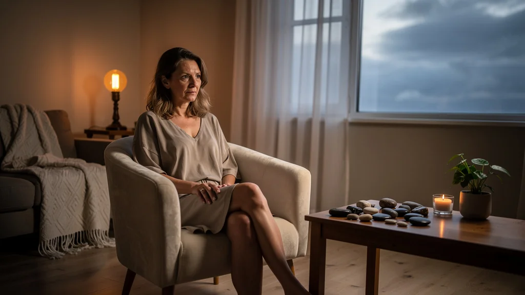 Femme de 41 ans dans un salon de thérapie paisible, illustrant l'attente et la déception évitée lors d'une séance