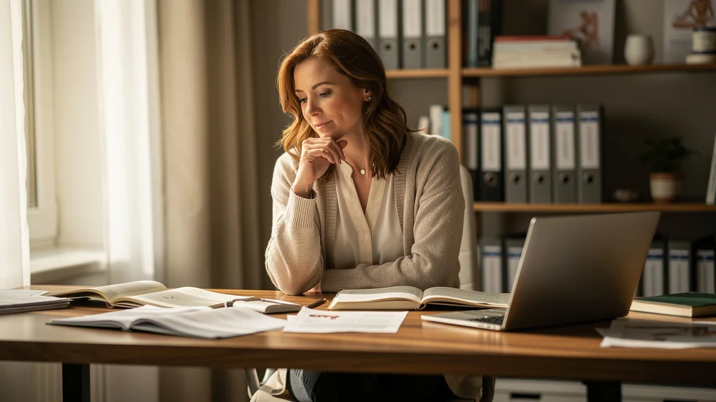 Femme rédactrice de 41 ans réfléchissant à choisir un praticien sur sa seule notoriété dans son bureau moderne