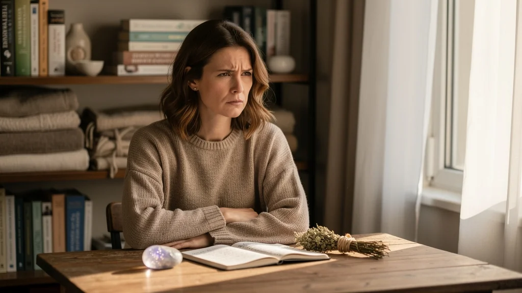 Femme de 41 ans en réflexion sur le magnétisme, ressenti honnête dans un intérieur serein et lumineux
