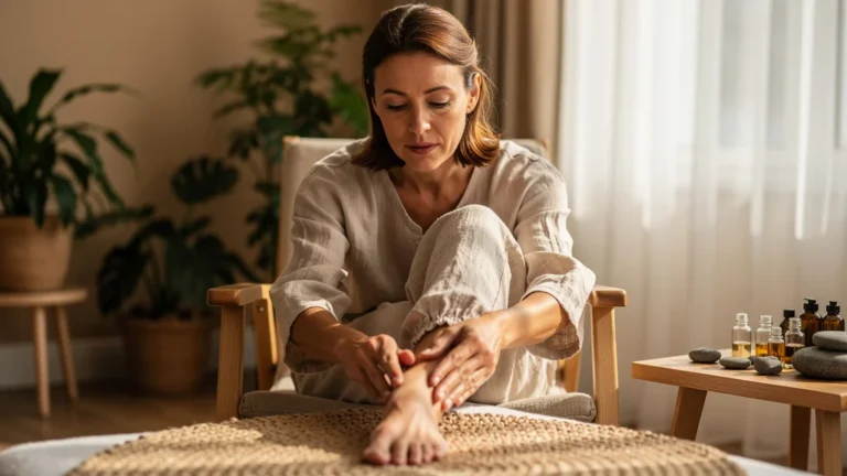 Femme surprise découvrant les bienfaits de la réflexologie plantaire lors d'une séance intense