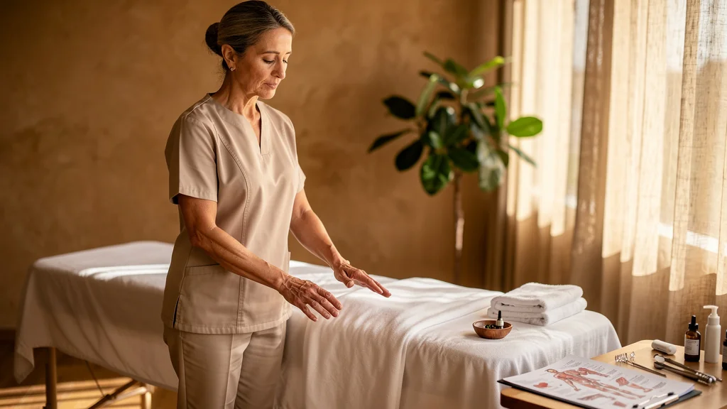 Femme professionnelle en début de thérapie manuelle dans un espace calme entre massage bien-être et soin thérapeutique