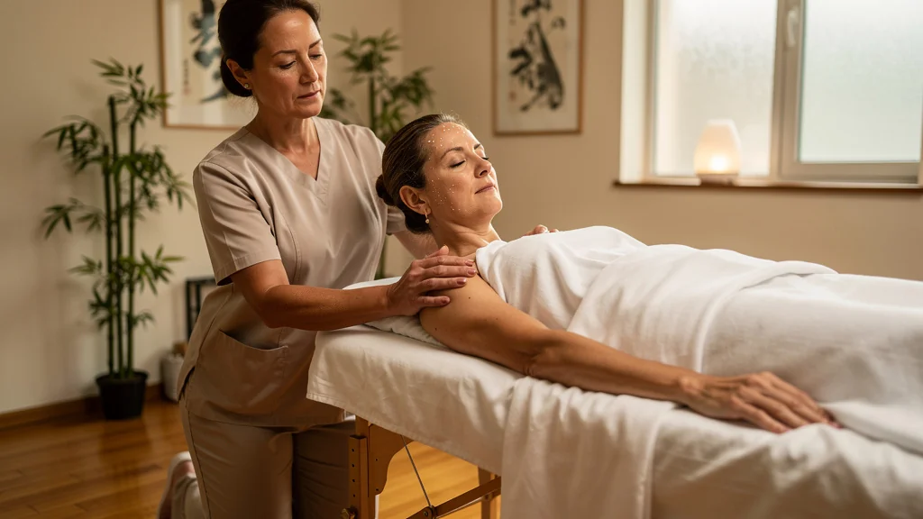 Femme en séance de shiatsu mêlant gêne initiale et détente profonde dans un cabinet apaisant