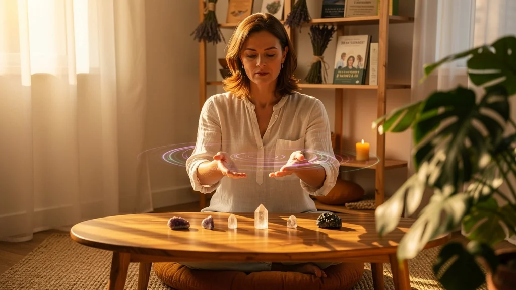 Femme thérapeute énergétique ressentant l'énergie Reiki ou magnétisme dans un cadre apaisant et lumineux