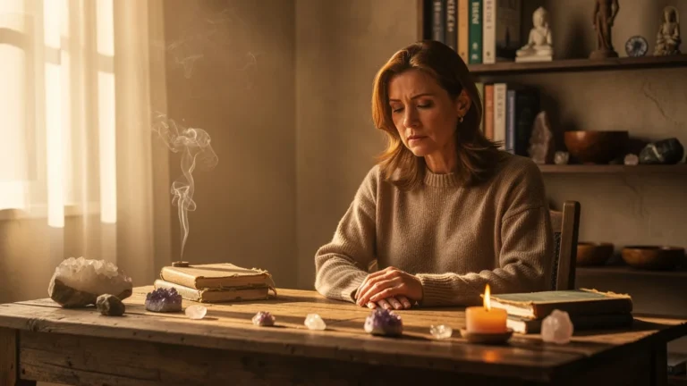 Femme contemplative dans une pièce douce, illustrant suivre la mode du Reiki en oubliant ses ressentis