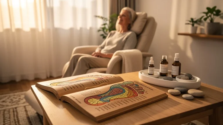 Femme de 41 ans après trois séances de réflexologie, ambiance zen et lumière naturelle douce