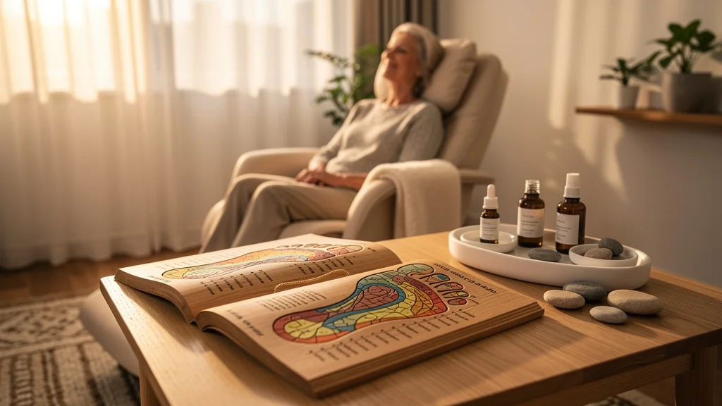 Femme de 41 ans après trois séances de réflexologie, ambiance zen et lumière naturelle douce