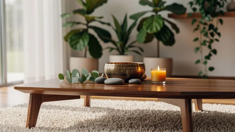 Bol chantant en bronze posé sur une table en bois dans un salon lumineux et apaisant à la maison