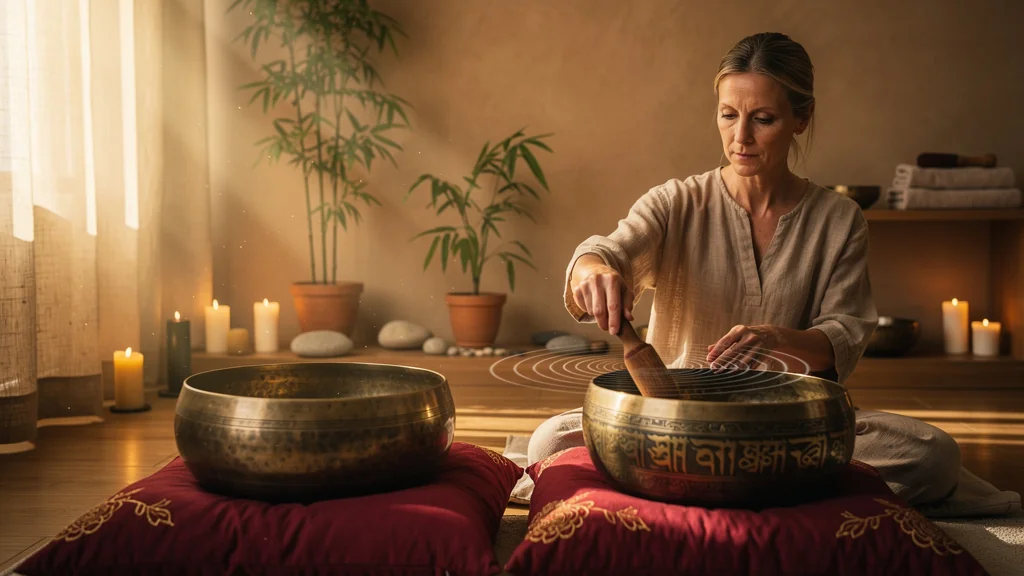 Massage sonore aux bols tibétains en immersion, vue intime d’un soin apaisant et harmonisant
