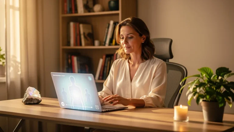 Femme en visio séance de soin énergétique dans un bureau apaisant, comparaison présentiel et à distance