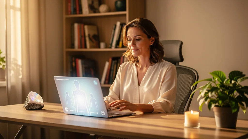 Femme en visio séance de soin énergétique dans un bureau apaisant, comparaison présentiel et à distance