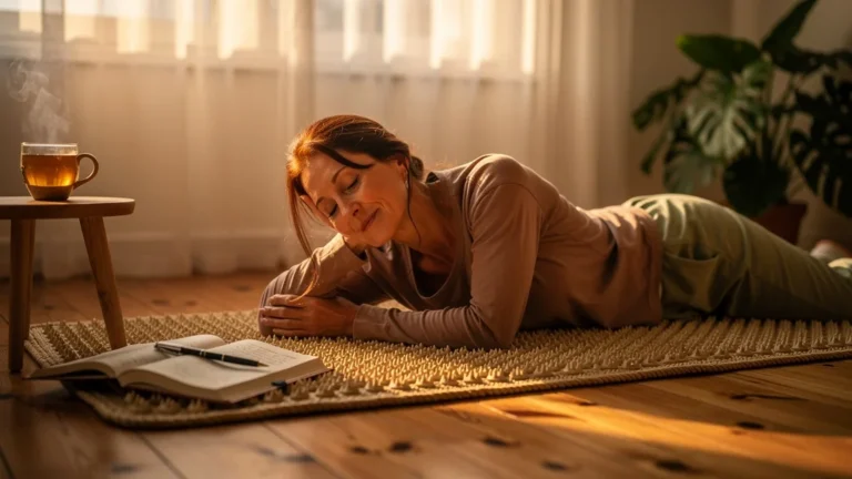 Femme de 41 ans utilisant un tapis d'acupression chaque soir, scène relaxante et réaliste en intérieur