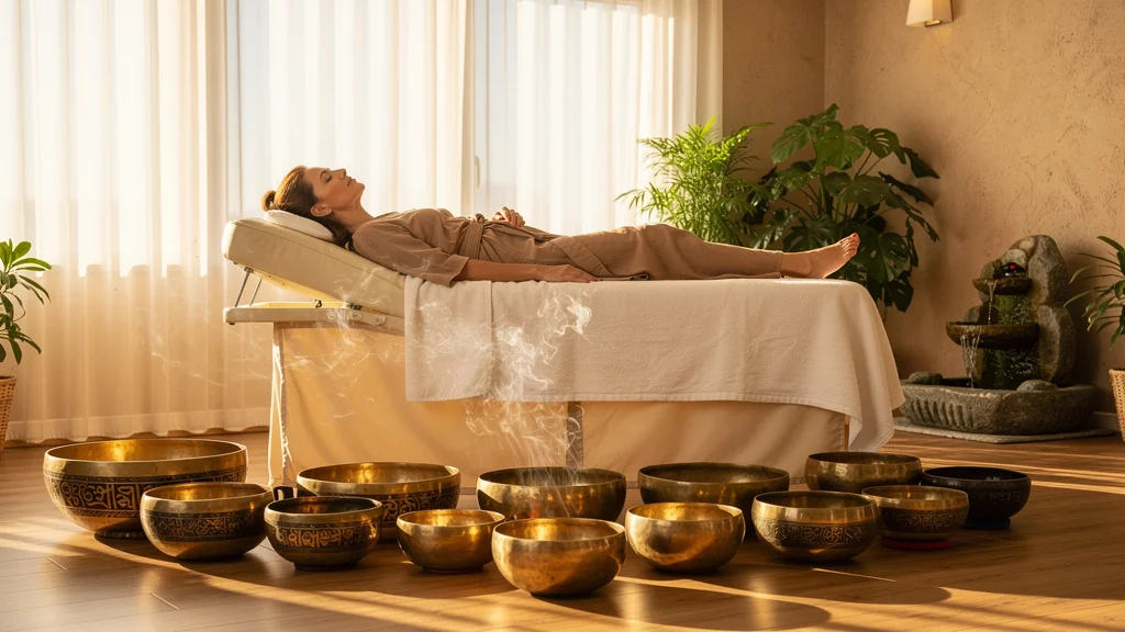 Femme en séance de sonothérapie apaisante, ambiance chaleureuse et relaxante pour bien-être profond