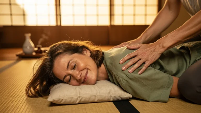 Femme détendue pendant une séance découverte de shiatsu ressentant l'effet apaisant immédiat
