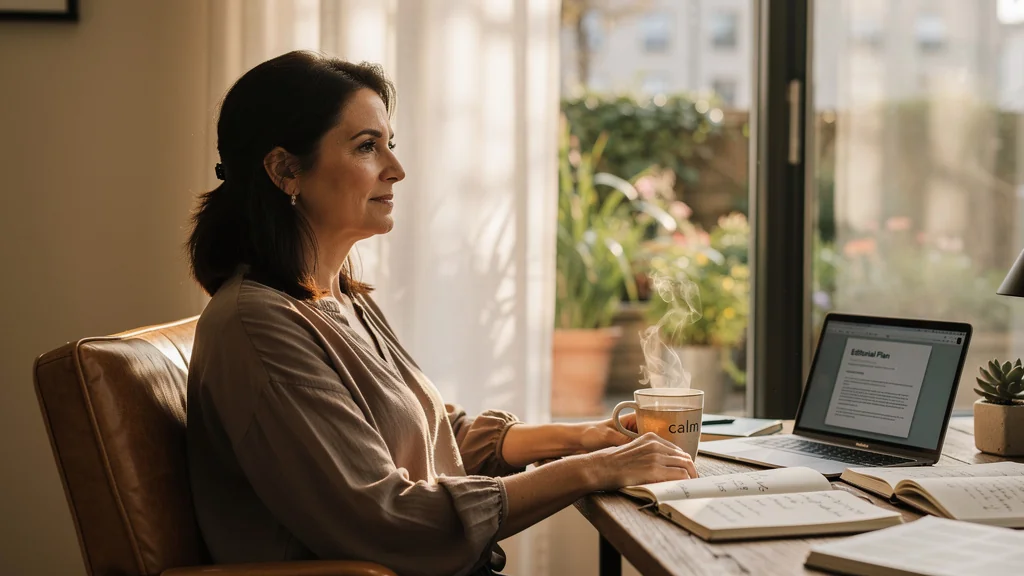 Femme de 41 ans réfléchissant calmement après avoir voulu tout tester en même temps, ambiance apaisante